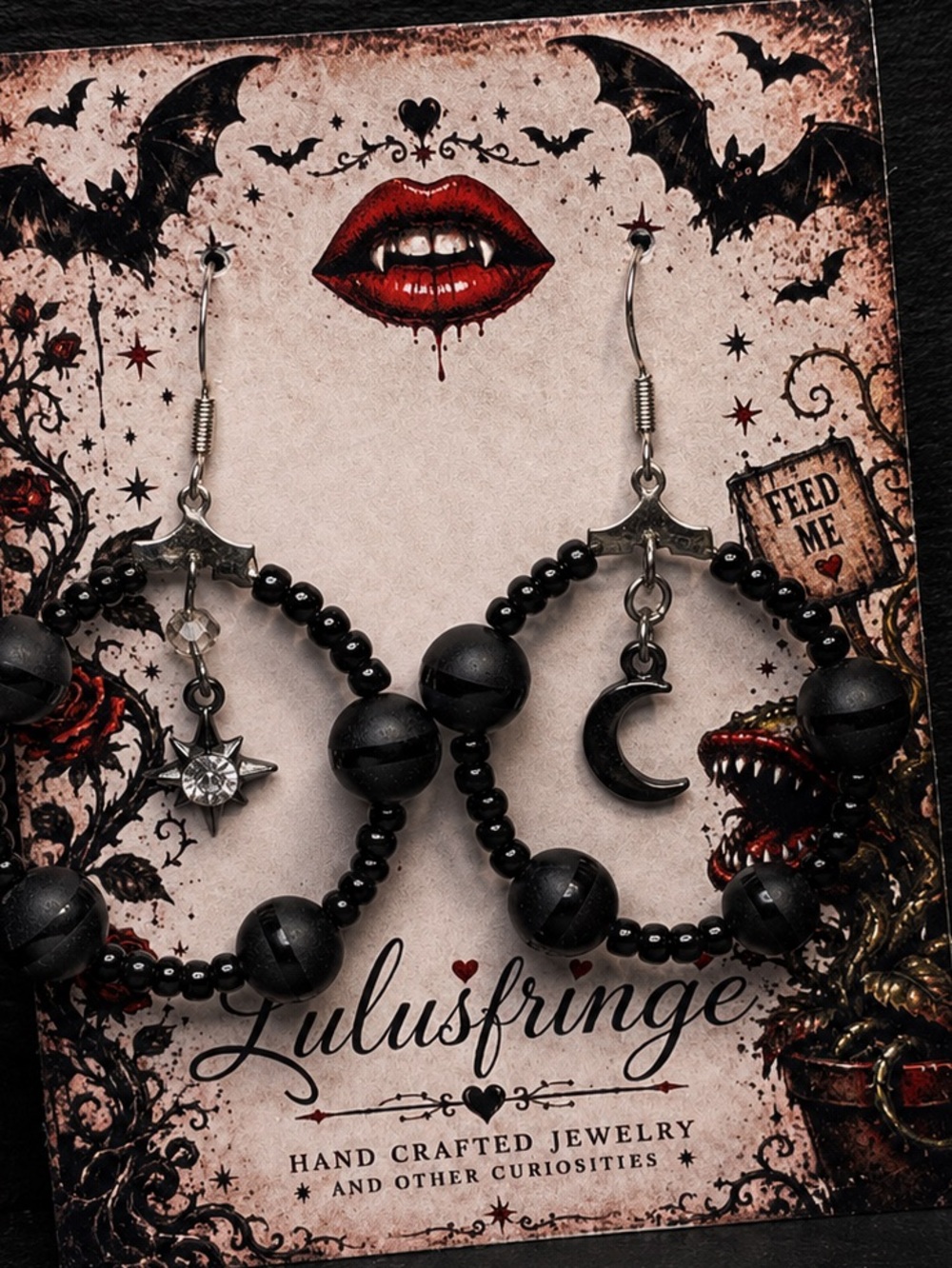 Artisan Black Onyx Beaded Hoop Earrings with Moon & Star Charms